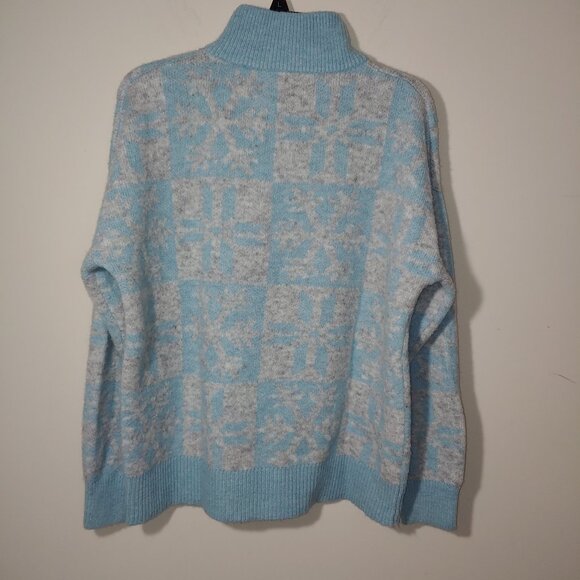 Loft Wool Blend Mock Neck 1/4 Zip Snowflakes Knit Pullover Sweater Size L Blue - Picture 4 of 8